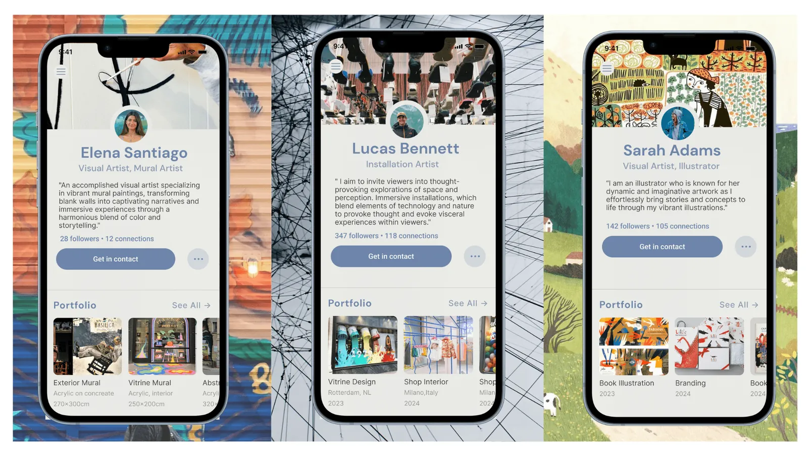 Three artist profiles with portfolios: a mural artist, an installation artist and an illustrator