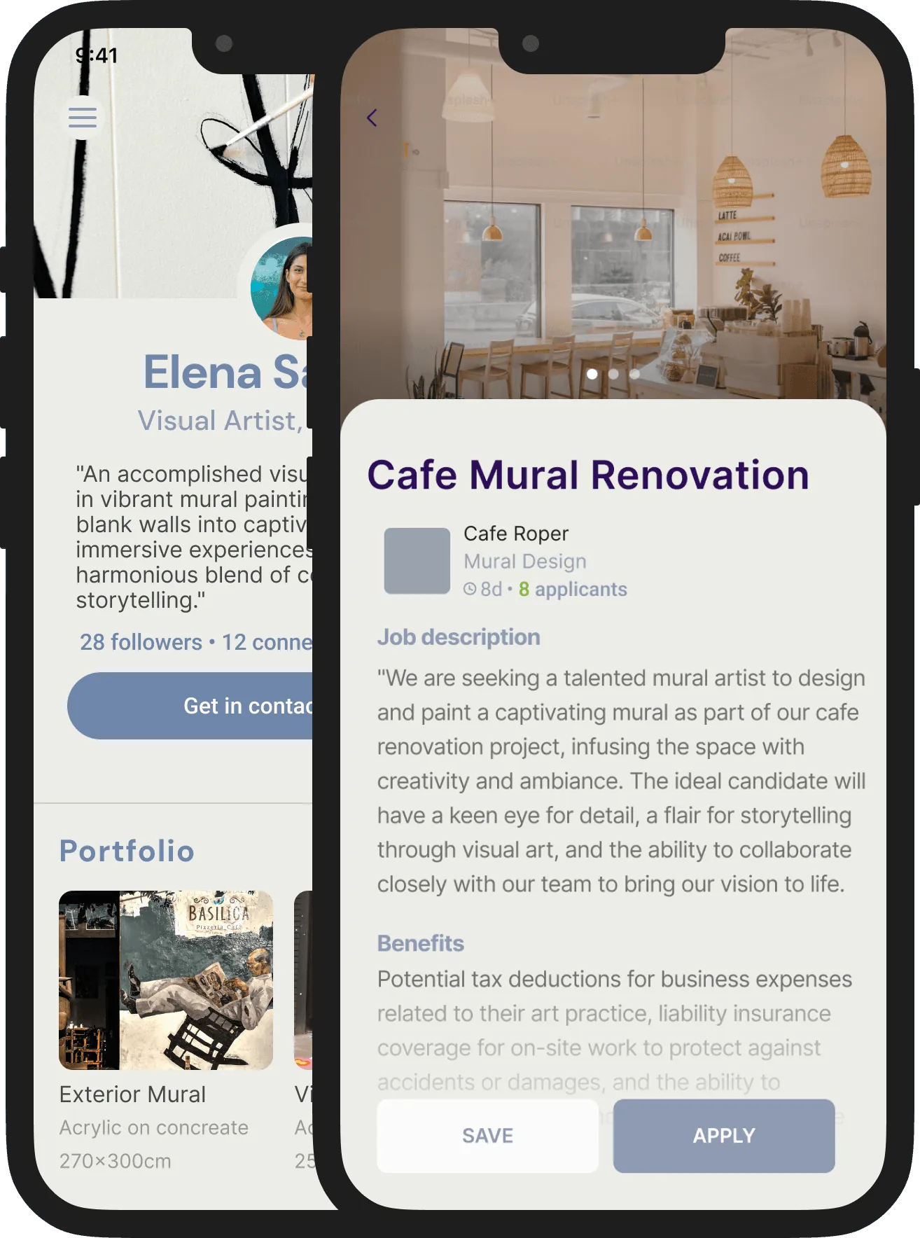 Artist profile and a cafe mural job post with description, benefits and apply button