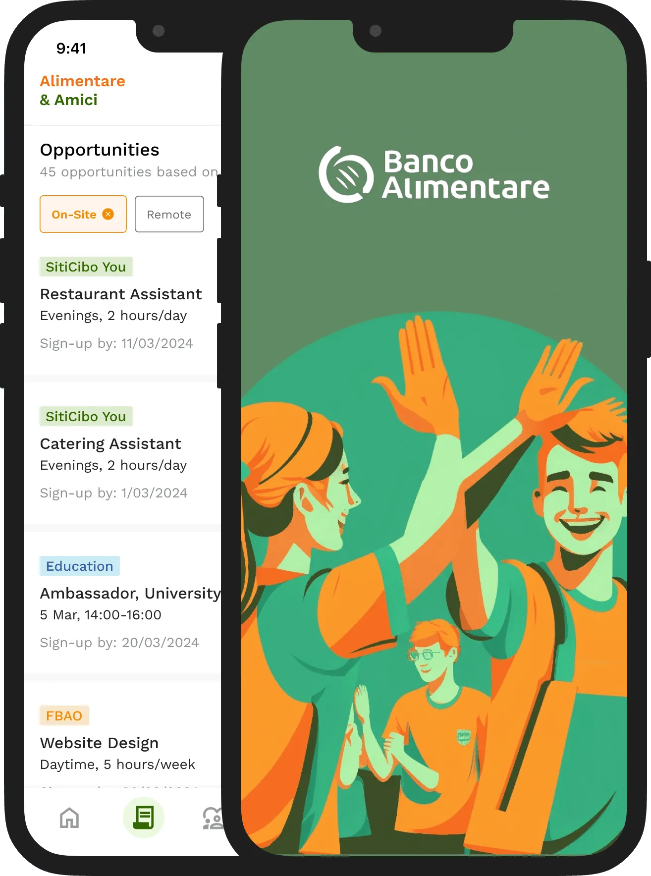 Alimentare & Amici app opportunities screen and splash screen
