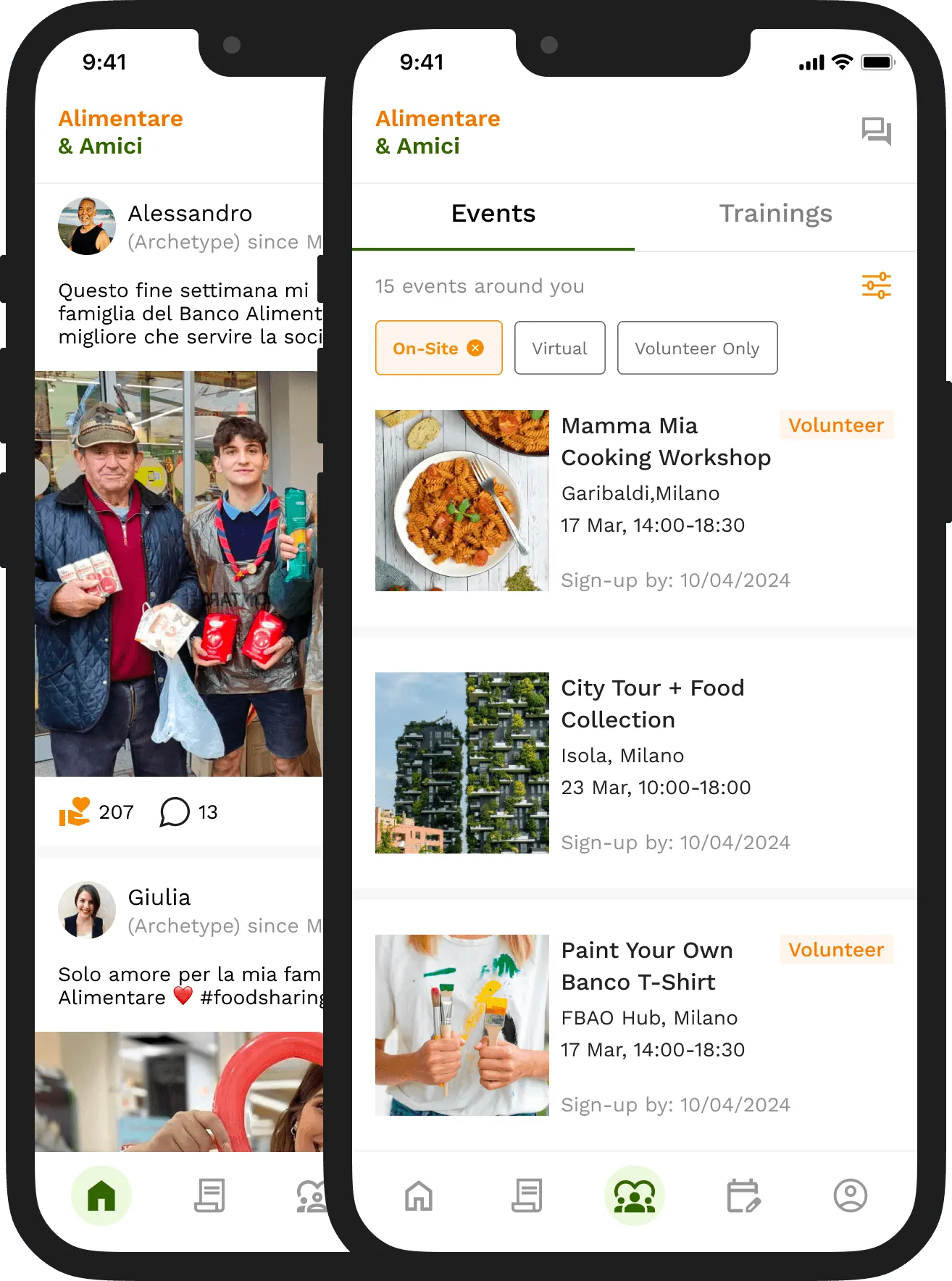 Community feed and events screens