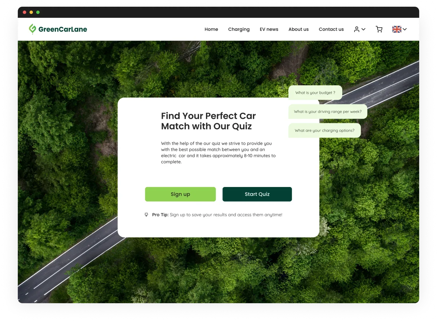 Find your perfect car match quiz on the GreenCarLane homepage