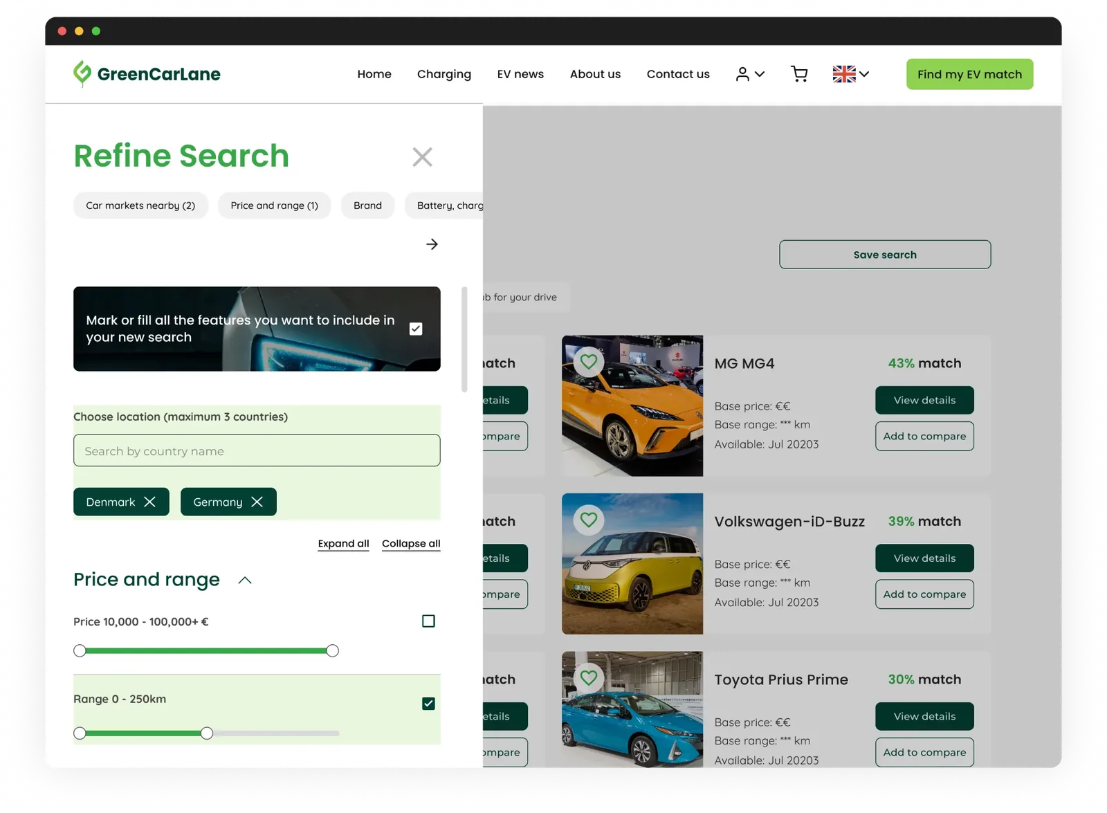 Refine search panel with location, price and range filters