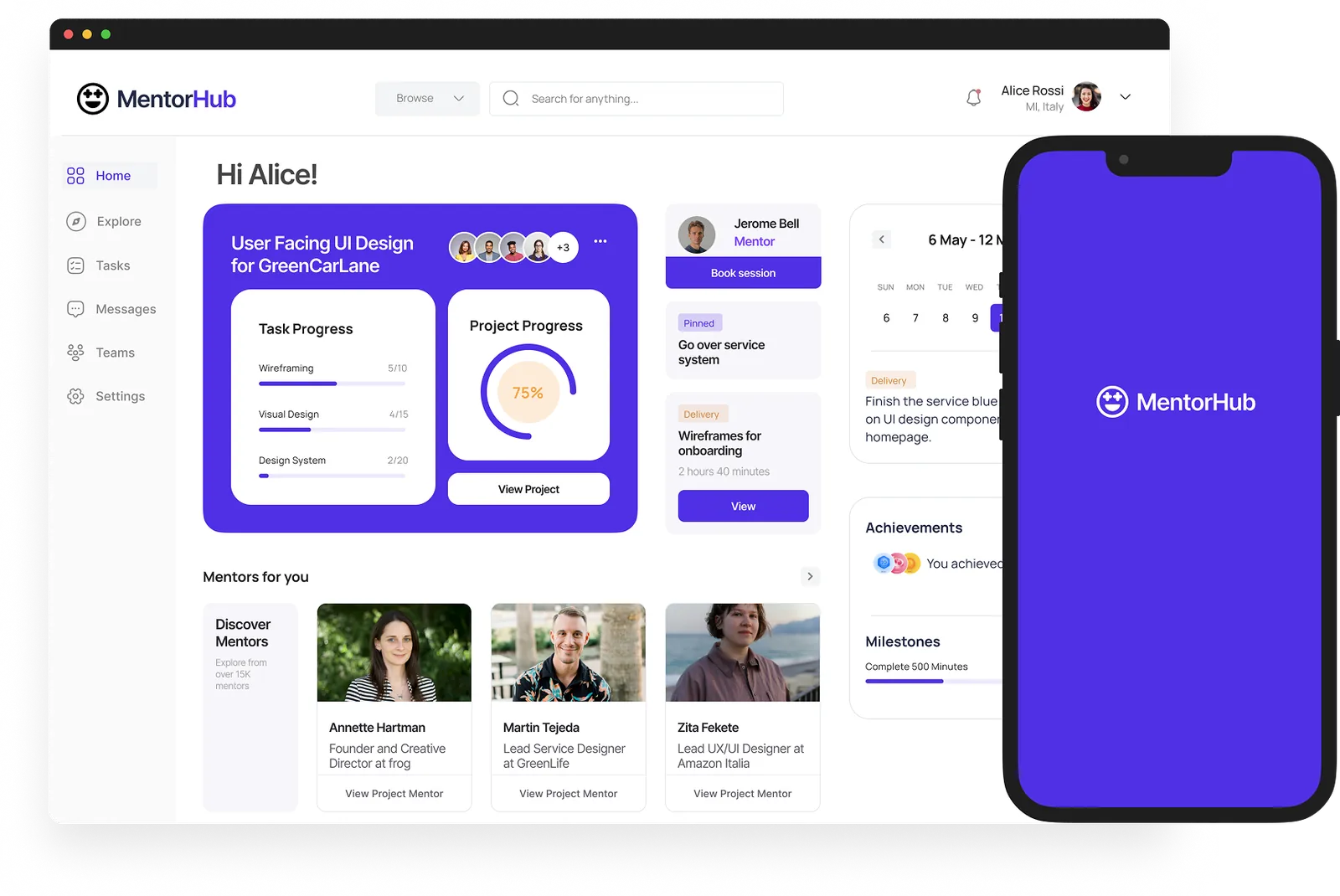 MentorHub dashboard on a laptop and app splash screen on a phone