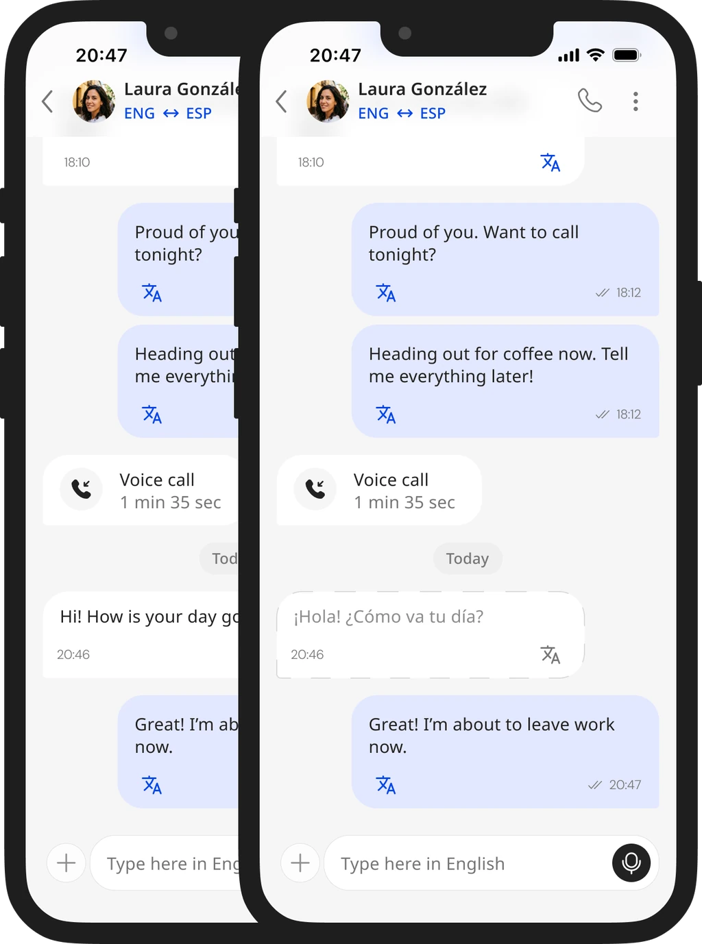 Two chat screens with Laura: her message arrives in English, and the same message tapped shows her Spanish original