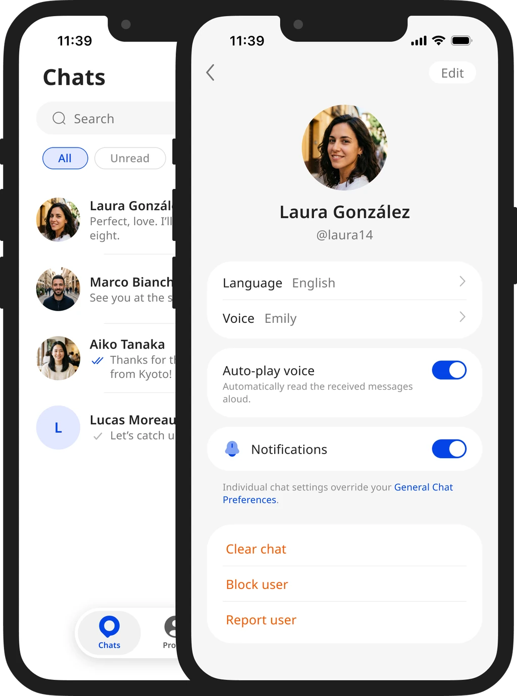 Chat list with Laura, Marco, Aiko and Lucas, and Laura’s contact info with the language and voice chosen for her