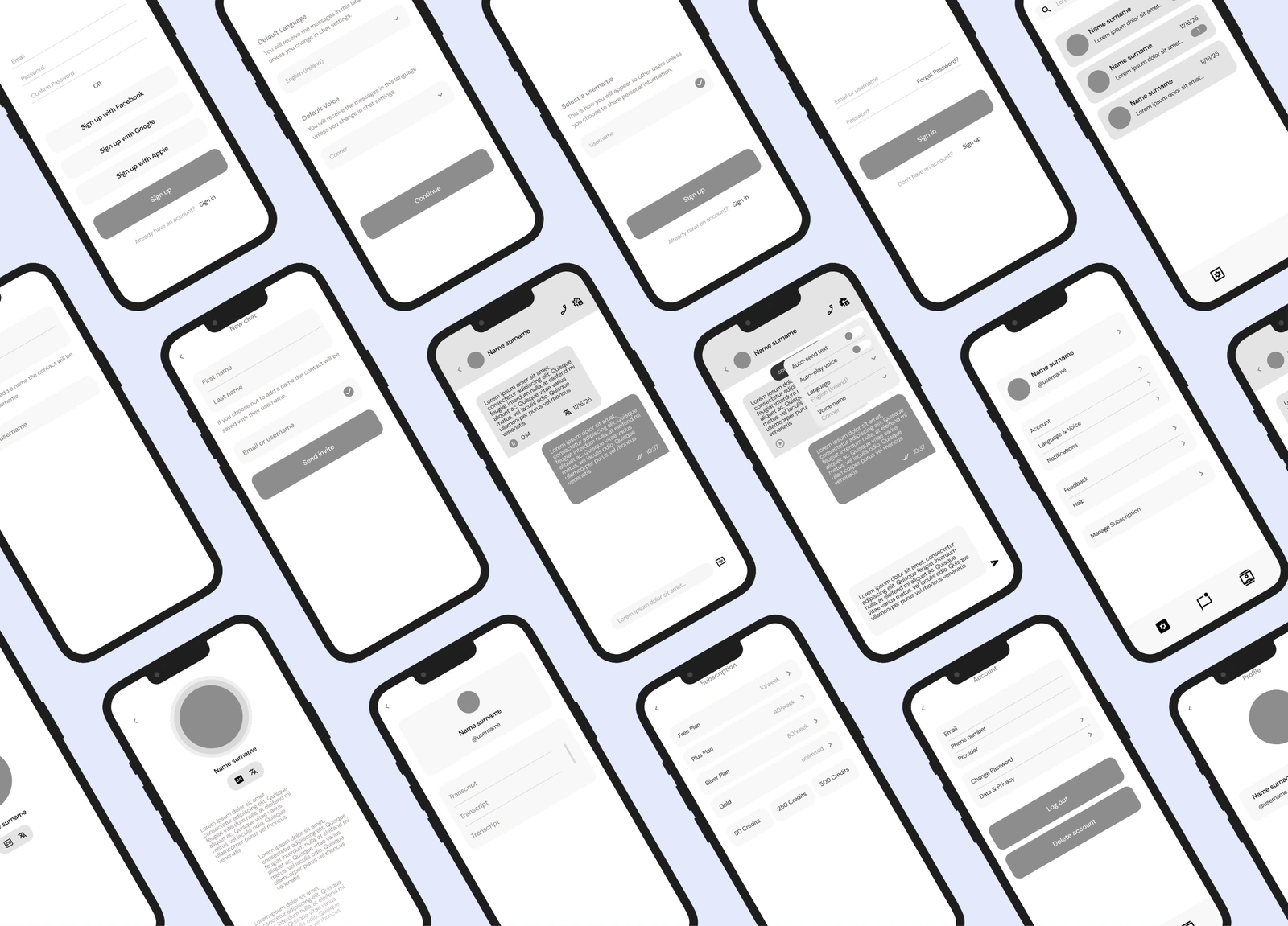 Grey wireframes of the app on tilted phones: sign-up, default language and voice, new chat, chat with per-chat settings, profile, subscription and account screens